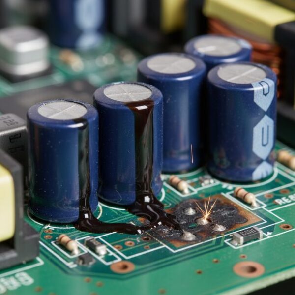 焦げ臭い匂いの原因となる、故障した電源ユニット内部の電解コンデンサ。上部が膨張し液漏れの跡がある危険な状態で、このような症状は発火のリスクがあるため直ちに使用を中止し交換する必要がある。