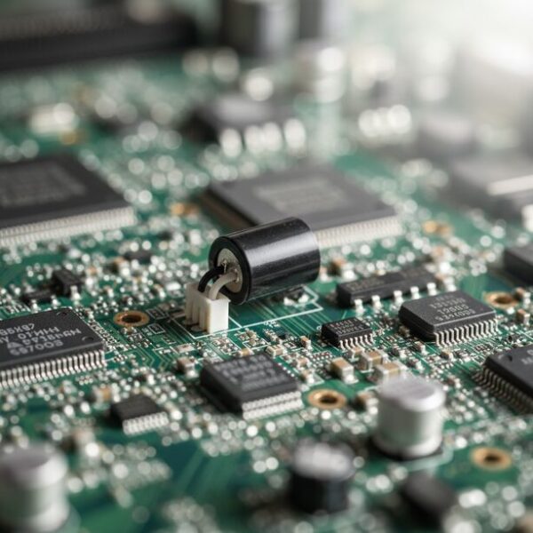 パソコンのマザーボードに接続されたビープスピーカーのクローズアップ。電源トラブルを推測する手がかりとなる警告音を発しており、ビープ音のパターンから故障箇所を特定する自己診断機能の重要性を示唆している。