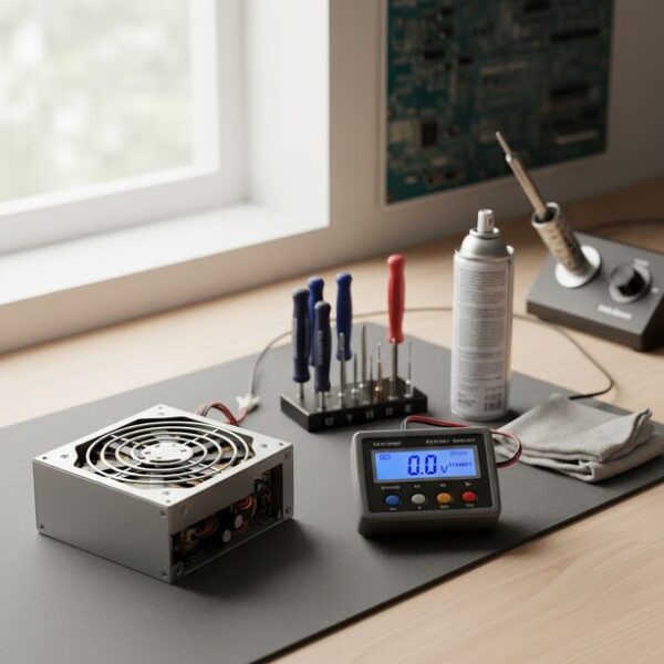 電源ユニット故障の診断手順を開始する準備が整った作業台。PCから取り外された電源装置の隣に、電源テスターやドライバーなどの確認用ツールが並べられ、具体的な特定方法のステップを示している。