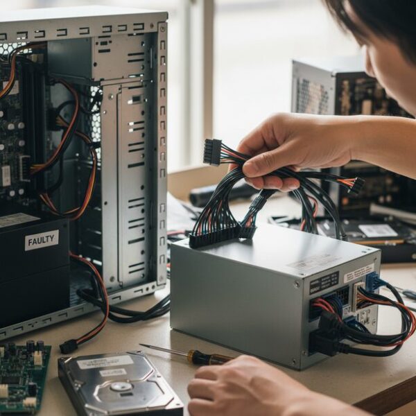 故障の切り分けのため、正常に動作する代替の電源ユニットに交換しようとしている手元。マザーボードか電源のどちらが原因か特定する最も確実な方法で、慎重にケーブルを接続し直している。