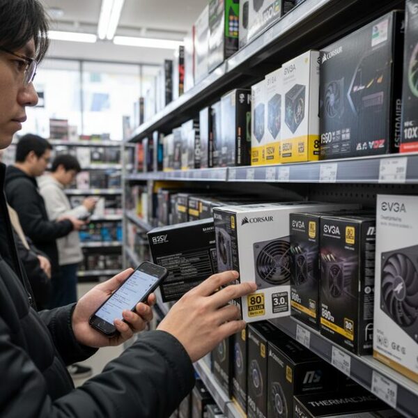 PCパーツショップの棚で交換用の電源ユニットを選んでいる手元。ATXやSFXといった規格、ワット数、80 PLUS認証のラベルを確認しながら、自分のパソコン構成に最適な製品を吟味している。