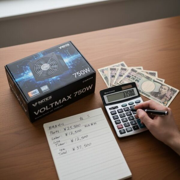 PCの電源ユニット交換にかかる費用相場を計算しているイメージ。机の上に置かれた電源装置の製品箱、電卓、そして日本円の紙幣が、部品代と専門業者に依頼した場合の工賃の合計金額を示唆している。