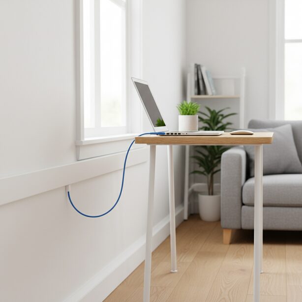 明るい賃貸リビングの壁際、白い巾木に沿って設置された配線モールから伸びるLANケーブル。壁を傷つけずに綺麗に配線され、ノートパソコンに接続されている快適なインターネット環境。