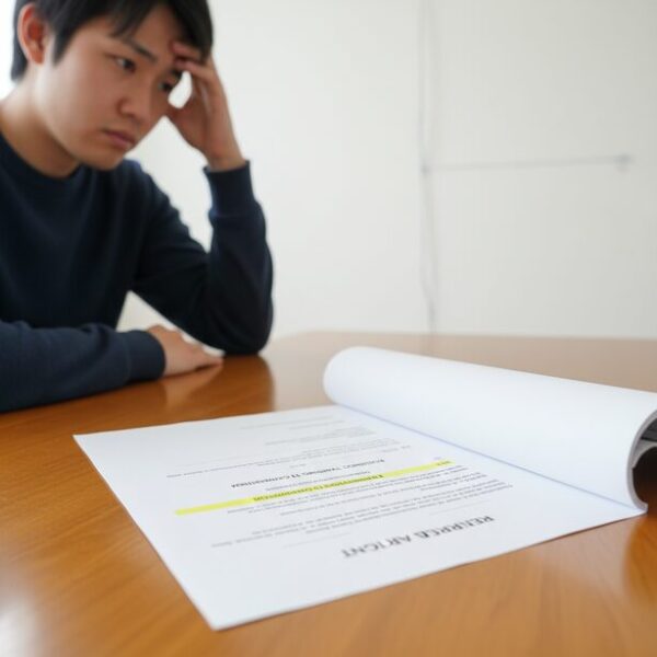 賃貸借契約書の原状回復義務の項目を前に、頭を抱えて悩む人物。退去時の費用請求や壁の傷に関するトラブルを避けるため、LANケーブル配線前に注意点を確認している状況。