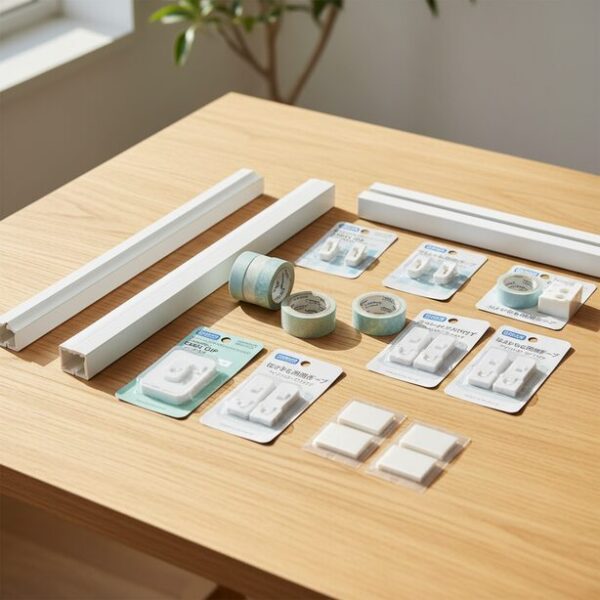 賃貸の壁を傷つけずにLANケーブルを固定するための便利グッズ集合。配線モール、はがせる両面テープ付きケーブルクリップ、マスキングテープなどがテーブルに並び、退去時も安心な方法を紹介。