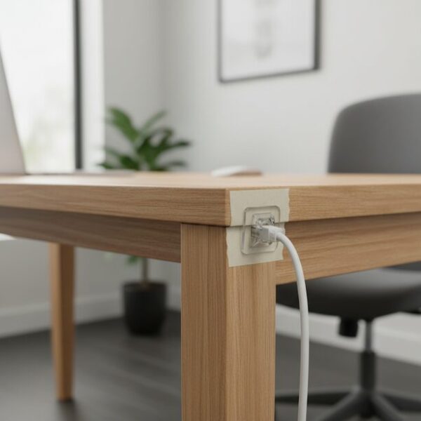 デスクの側面に100均のケーブルクリップを使い、LANケーブルをすっきりと固定。賃貸の壁を傷つけないようマスキングテープを下地にする工夫で、安価な便利グッズを賢く活用。