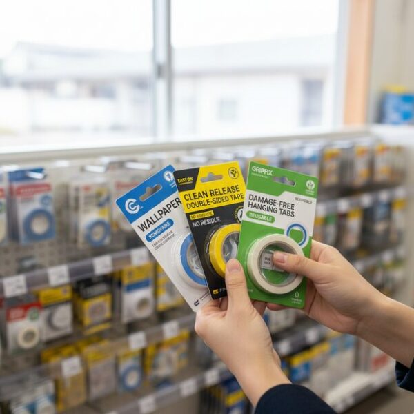 複数の「きれいにはがせる両面テープ」のパッケージを比較検討している手元。賃貸の壁紙を傷つけないために、用途に合った信頼性の高い製品を賢く選ぶことの重要性を示唆する。