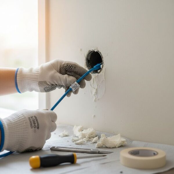 エアコンの配管が通るダクト穴の隙間を利用して、LANケーブルを隣の部屋へ通す裏ワザ。壁に穴を開けずに配線する最終手段だが、賃貸では管理会社への事前確認が必須となる。