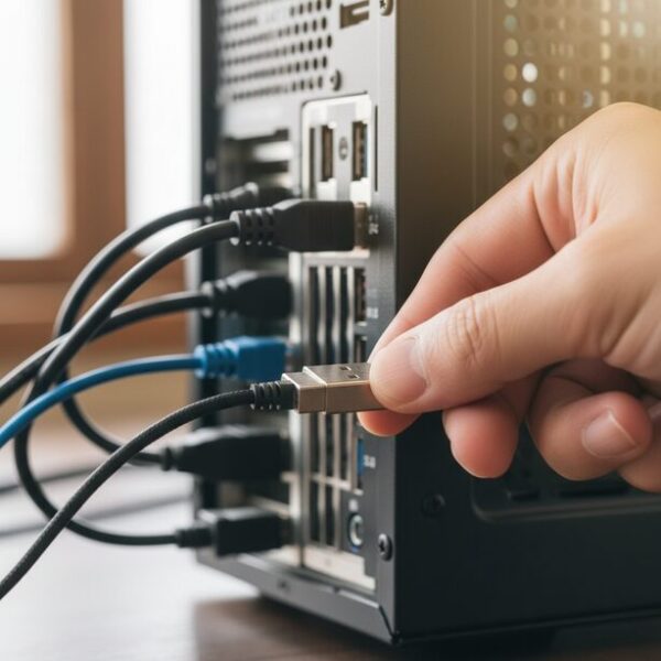 パソコン本体のUSBポートに有線マウスのUSBプラグをしっかりと差し込む手元のクローズアップ。接触不良という基本的な原因に対する最初の対処法。