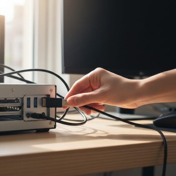 パソコン背面の電力供給が安定している別のUSBポートに有線マウスのケーブルを差し替える様子。接続ポートの故障や不具合を切り分けるための対処法。