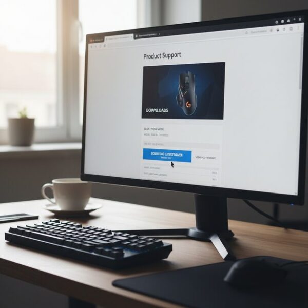 パソコンの画面でマウスメーカーの公式サイトを開き、最新ドライバーをダウンロードしようとしている様子。ソフトウェアを更新して不具合を直す手順。