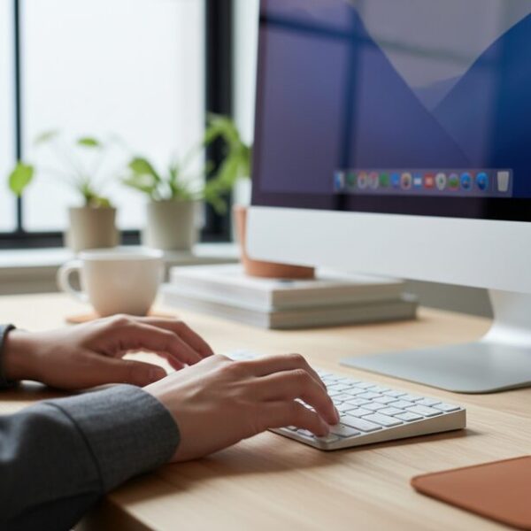 スタイリッシュなデスクでMacのキーボードを操作し、NVRAMリセットを実行する手元。Macで有線マウスが動かない場合の特有の直し方。