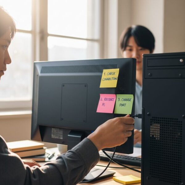 「接続確認」「再起動」など有線マウスのトラブルシューティング手順を書いた付箋が貼られたパソコンモニター。段階的な故障診断で原因を特定する様子。